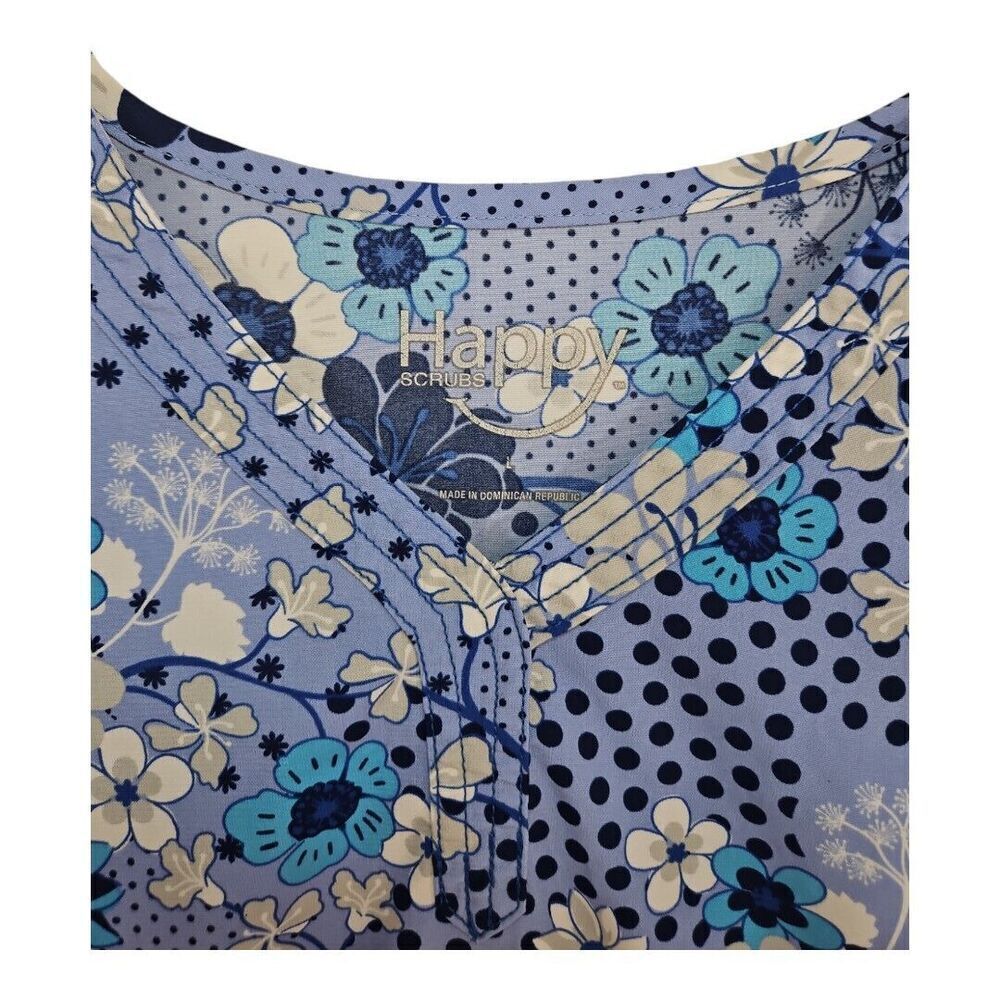 Happy Scrubs Navy Blue Floral V-neck Scrub Top Size L - Picture 2 of 8